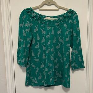 Anthropologie Postcard 9-H15 STCL 3/4 Length Sleeve Green Bunny Top